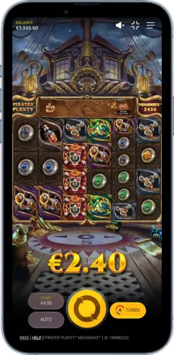 Pirates Plenty Megaways Gewinnanzeige auf dem Smartphone